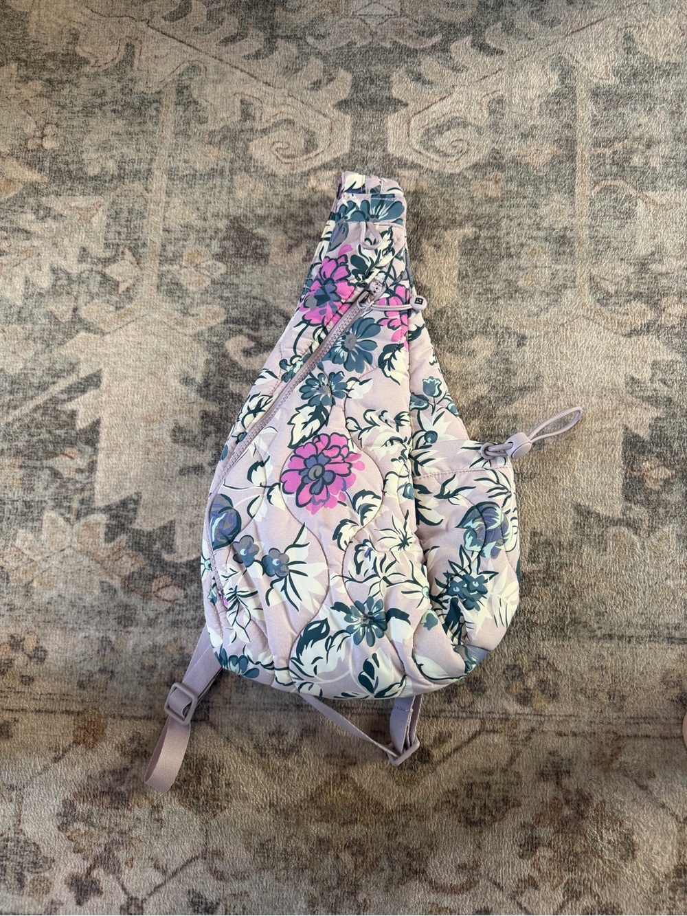 Vera Bradley Lavender Quilted Floral Sling Backpack with Pink and Teal Flowers